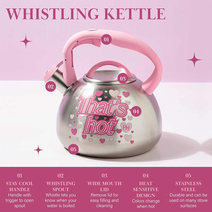 Paris Hilton Whistling Stovetop Tea Kettle, Stainless Steel with Color Changing That's Hot Heat Indicator Design, Soft Touch Handle, 2.5-Quart, Pink