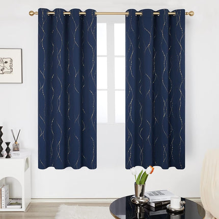 Deconovo Wave Line with Dots Gold Foil Print Design Grommet Top Blackout Curtains for Bedroom Navy Blue W52 x L72 Inch Set of 2