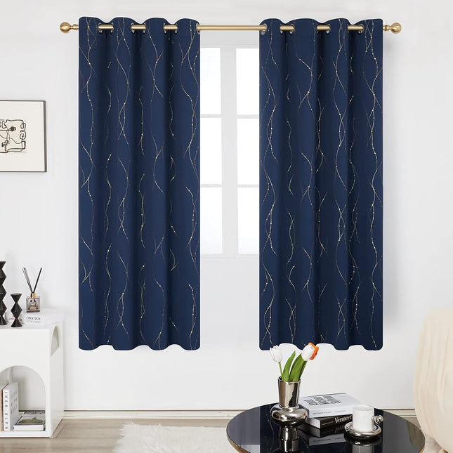 Deconovo Wave Line with Dots Gold Foil Print Design Grommet Top Blackout Curtains for Bedroom Navy Blue W52 x L72 Inch Set of 2