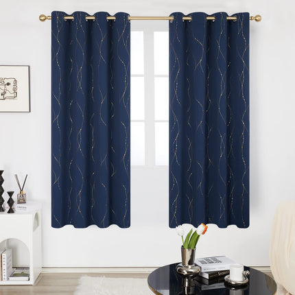 Deconovo Wave Line with Dots Gold Foil Print Design Grommet Top Blackout Curtains for Bedroom Navy Blue W52 x L72 Inch Set of 2