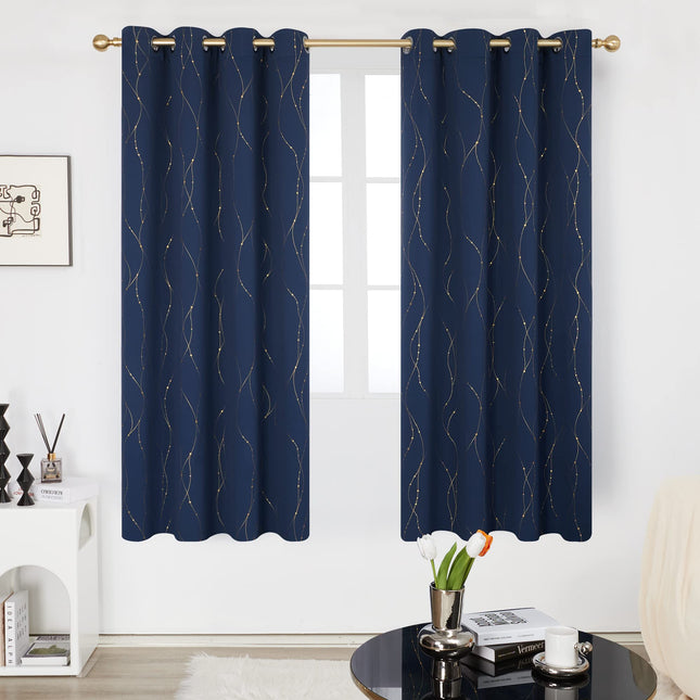 Deconovo Línea Ondulada con Puntos Estampado en Lámina Dorada Cortinas Opacas con Ojal para Dormitorio Azul Marino 132 x 183 cm Juego de 2