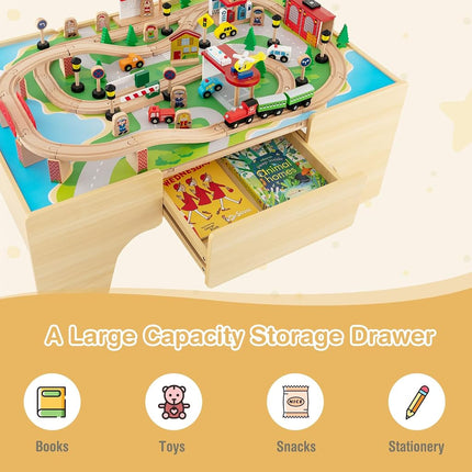 INFANS Train Table, 84 Pieces Wooden Kids Activity Toy Table Playset with Reversible Detachable Tabletop, Tracks, Train, Railway, City for Toddler Boys Girls