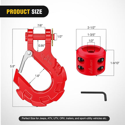 Nilight Forged Steel Winch Hook 3/8" Grade 70 Safety Latch Winch Cable Hook Stopper & Clevis Slip Hook Sets, Included Allen Wrench,Max 35,000 lbs,2 Years Warranty, Red