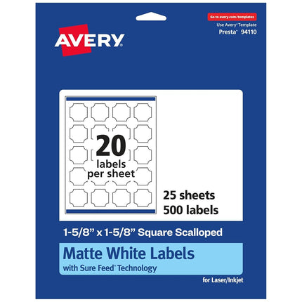 Avery Matte White Square Scalloped Labels with Sure Feed, 1-5/8" x 1-5/8", 500 Matte White Printable Labels