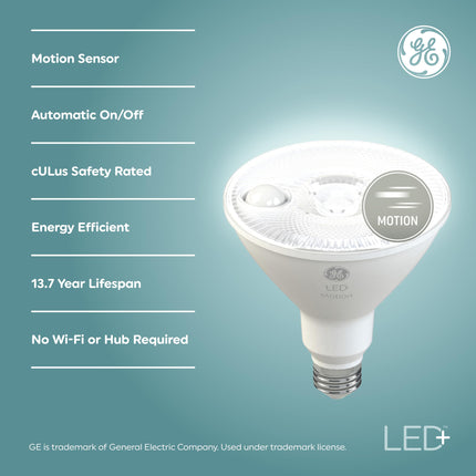 Bombillas LED GE LED+ con sensor de movimiento, 14 W, proyectores de seguridad exterior PAR38, blanco cálido, CAC (Paquete de 2)