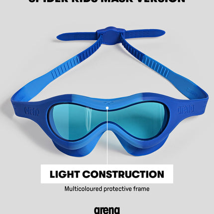 arena Spider Kids Máscara de natación antiniebla, máscara de natación con lentes grandes, lentes medianas-oscuras para cualquier entorno, protección UV, puente nasal autoajustable, ajuste ceñido