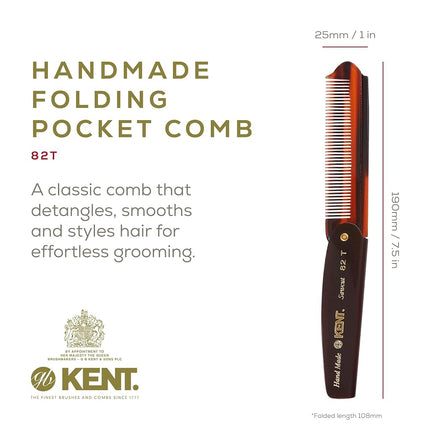 Kent 82T Peine Plegable Hecho a Mano para Hombres, Peine de Dientes Finos para Alisar el Cabello para el Aseo Diario, el Peinado del Cabello, la Barba o el Bigote, Usar en Seco o con Bálsamos, Cortado a Mano Pulido, Hecho en Inglaterra