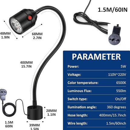 Magnetic Work Light, LED Machine Light with Flexible Gooseneck and Magnetic Base, Shop Tool Lamp for Lathe, Work Bench, Sewing Machine, Grill, Industrial Lighting Black