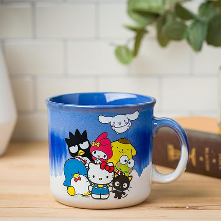 Silver Buffalo Sanrio Hello Kitty and Friends Featuring Chococat, Tuxedo Sam, Badtz-Maru, My Melody, Pompompurin, Keroppi, and Cinnamoroll Reactive Glaze Ceramic Camper Mug, 20 Ounces