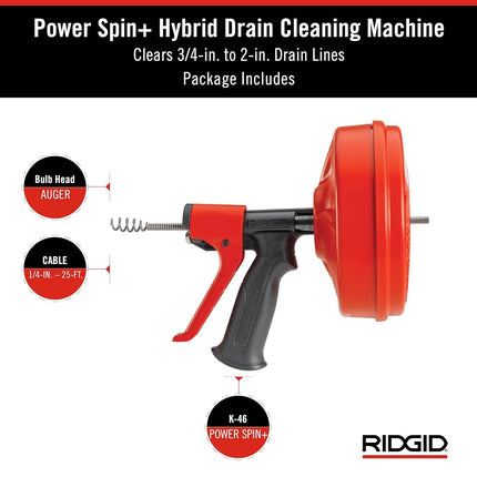 RIDGID 57043 Power Spin avec AUTOFEED, câble de nettoyage de drains Maxcore et tarière de drainage à bulbe pour enlever les bouchons
