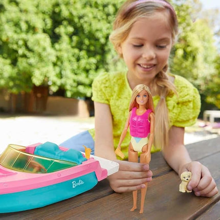 Barbie Boat with Puppy and Themed Accessories, Floats in Water