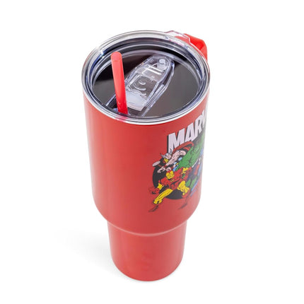 Silver Buffalo Marvel Avengers Stainless Steel Tumbler with Handle and Straw Featuring Captain America, Thor, Hulk, Iron Man, Black Widow, and Spiderman, Fits in Standard Cup Holder, 40 Ounces