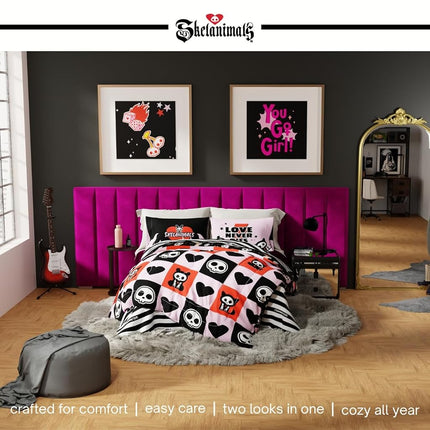 Skelanimals Bedding 5 Piece Twin Spooky Bed Set, Soft Microfiber Checkered Comforter and Sheet Set with Sham, Kit The Cat, (Officially Licensed Product) by Franco Collectibles