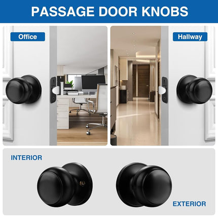 Sopoby Black Door Knob, 10 Pack Round Keyless Doorknobs Interior/Exterior Lockset, Passage Locking Door Knobs for Bedroom/Bathroom, Black Modern Design Door Hardware