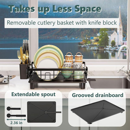 AIDERLY Iron Dish Drying Rack with Drainboard Dish Drainers for Kitchen Counter Extendable Spout Strainers with Utensil Holder and Knife Slots, Brown