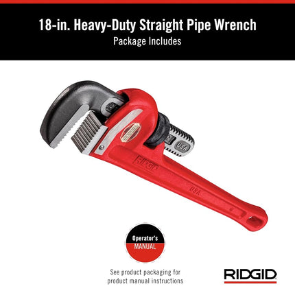 RIDGID 31025 Heavy-Duty Straight Pipe Wrench Plumbing Wrench,Red, 18-inch