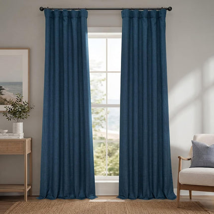 HPD Half Price Drapes Faux Linen Room Darkening Curtains - 96 Inches Long Luxury Linen Curtains for Bedroom & Living Room (1 Panel), 50W X 96L, Nightfall Navy
