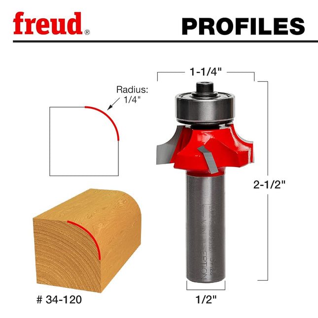 Freud Quadra-Cut Roundover Bit, 1/4 Inch Radius, 1/2 Inch Shank