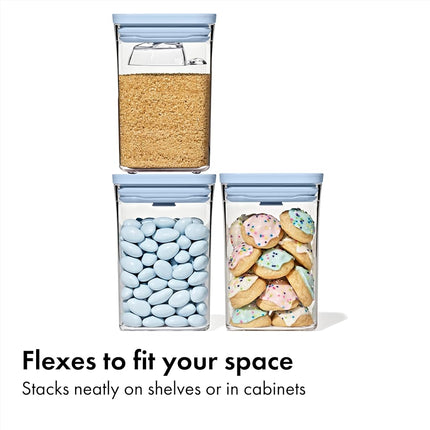 OXO Good Grips 3-Piece POP Container Set with Mini Scoops — Sky Blue, 1.1 Qt/1 L Capacity, Airtight Pop-Up Container with Push-Button Seal, Kitchen Storage Canisters for Cereal and Snacks