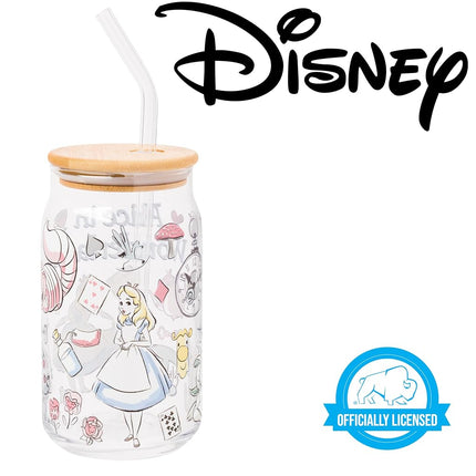 Silver Buffalo Disney Alice in Wonderland Glass Mason Jar Tumbler with Bamboo Lid and Glass Straw, 16 Ounces