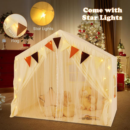 INFANS Kids Play Tent, Large Size Playhouse with Washable Cotton Mat Star Light Windows Plaid Pennants, 57.5” x 38” x 52.5”, Indoor Outdoor Princess Tents Castle for Toddlers Age 3+ Years Old (Beige)