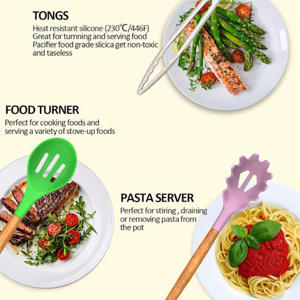 Umite Chef Silicone Cooking Utensils Set, 24 pcs Non-stick Spatula Set with Holder, Wood Handle Heat Resistant Silicone Kitchen Gadgets (Colorful)