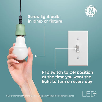 GE LED+ Timer A19 LED Light Bulbs, Built-in Automatic Indoor Timer Light, 8W, Soft White (4 Pack)
