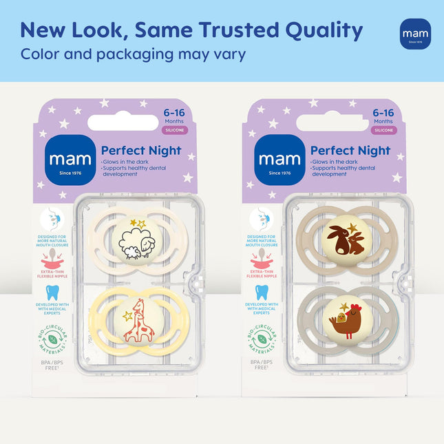 MAM Perfect Baby Pacifier 6-16 Months, Extra Thin Nipple, Developed with Orthodontists, Clinically Proven, Glows in The Dark, BPA-Free Silicone, Pack of 2, Made in Europe
