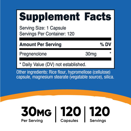 Nutricost Pregnenolona 30mg, 120 Cápsulas - Sin OMG, Sin Gluten, Cápsulas Vegetarianas