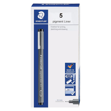 STAEDTLER Pigment Liner, Fineliner Pen for Drawing, Drafting, Journaling, 0.3mm, Black, Box of 5 Pens, 308 03-9M