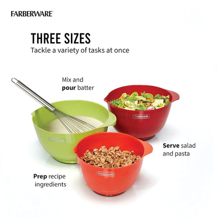 Farberware - 5216128 Farberware Professional Plastic Mixing Bowls, Set of 3, Orange/Red/LightGreen