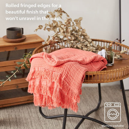 Manta de muselina de algodón Simple&Opulence para cama, sofá, manta de gasa tejida con borlas, suave, ligera, acogedora, prelavada, transpirable, decoración de casa de campo para todas las estaciones (rojo coral)