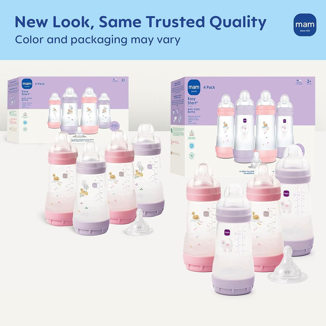 MAM 9oz Easy Start Anti-Colic Wide Neck Baby Bottle, Medium Flow Breastfeeding-Like Nipple, Reduces Colic Gas & Reflux, Easy to Clean, BPA Free, 2+ Months, Made in Europe, Bonus Fast Flow Nipple, 4 Pk