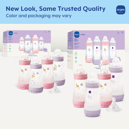 MAM 9oz Easy Start Anti-Colic Wide Neck Baby Bottle, Medium Flow Breastfeeding-Like Nipple, Reduces Colic Gas & Reflux, Easy to Clean, BPA Free, 2+ Months, Made in Europe, Bonus Fast Flow Nipple, 4 Pk