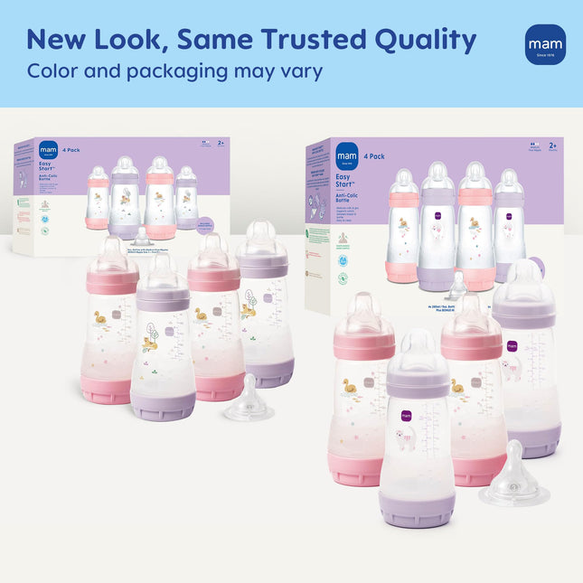 MAM 9oz Easy Start Anti-Colic Wide Neck Baby Bottle, Medium Flow Breastfeeding-Like Nipple, Reduces Colic Gas & Reflux, Easy to Clean, BPA Free, 2+ Months, Made in Europe, Bonus Fast Flow Nipple, 4 Pk