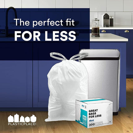 Plasticplace Custom Fit Trash Bags, Compatible with Simplehuman Code K, White Drawstring Garbage Bags Liners, 10 Gallon / 38 Liters, 24" x 28" (200 Count) Heavy Duty Trashbags Home Essentials Large