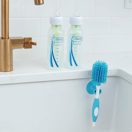 Dr. Brown's Soft Touch Bottle Brush with Nipple Cleaner (Blue) - BPA Free, Dishwasher Safe, Suction Cup Base