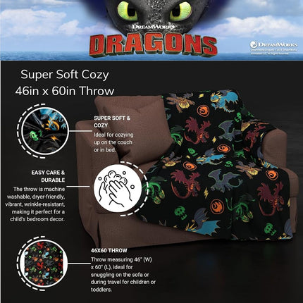 Franco How to Train Your Dragon Toothless Kids Bedding Super Soft Plush Cozy Throw, 46 in x 60 in, (Officially Licensed Product)