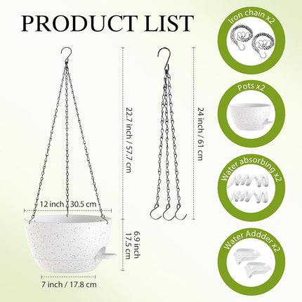 SQKH 12 Inch Hanging Baskets 2 PC with Chains, Self-Watering Hanging Planters for Indoor Outdoor Plants, Plastic Hanging Flower Pots,Speckled White