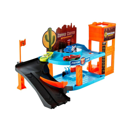 Disney and Pixar Cars Glow Racers Playset & 3 Toy Cars, Copper Canyon Glowing Garage Playset, Glow-in-the-Dark Elements & 1:55 Scale Vehicles, HPX75
