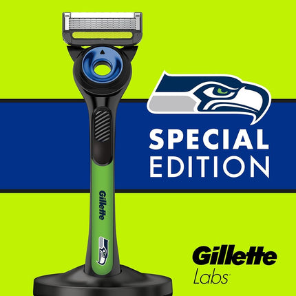 Gillette Labs Special NFL Seahawks Edition Men's Shaver - 1 Handle, 4 Razor Replacement and Magnetic Stand, Holiday Gifts for Men, GilletteLabs with Peeling Stick