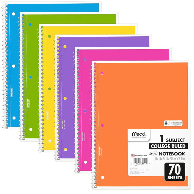 Mead Spiral Notebooks, 6 Pack, 1-Subject, College 