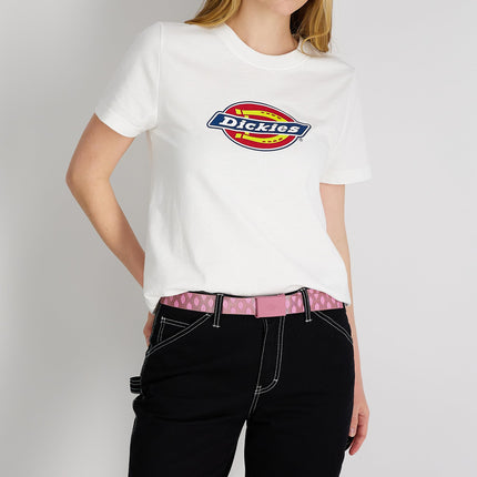 Cinturón de tela con hebilla de placa tonal Dickies para mujer, logotipo rosa, grande