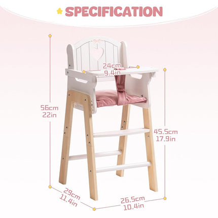 ROBOTIME Wooden Baby Doll High Chair, Pink Wooden Baby Doll Chair for 18 Inch Dolls, Pretend Play High Chair Baby Doll Accessories, Small