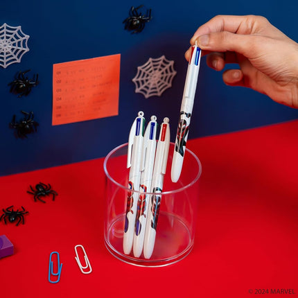 BIC Marvel Spider-Man Theme Retractable Ballpoint Pens, 4 Colours - Multi Purpose Medium Point - Assorted Ink - 3 Pack