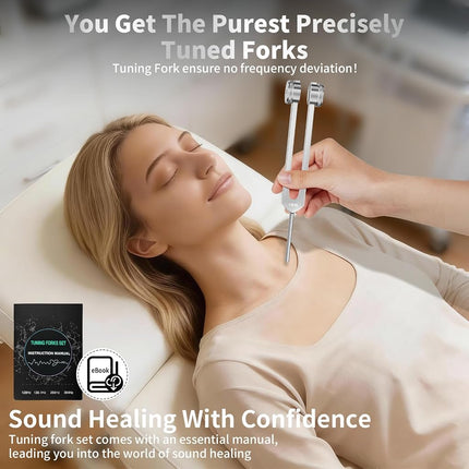 Tuning Forks for Healing Set - 128Hz, 136.1Hz, 256Hz, 384Hz, Weighted & Unweighted, Tuning Fork with Hockey Puck Activator & feet, Sound Therapy Chakra Balance for Yoga & Meditation in Leather Pouch