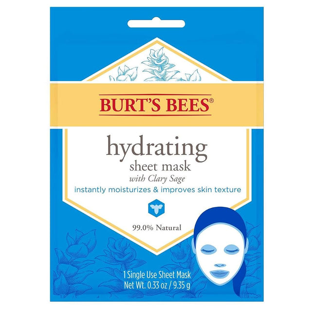 Burt's Bees Hydrating Face Mask with Clary Sage, Single Use Sheet Mask, 6 Count (Package May Vary)