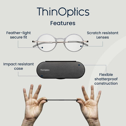 ThinOptics Reading Glasses 2.00, Clear Frame, 4mm Case, for Men and Women