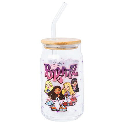 Bocal en verre Silver Buffalo Bratz avec Yasmin, Cloe, Sasha et Jade, avec couvercle en bambou et paille en verre, 473 ml