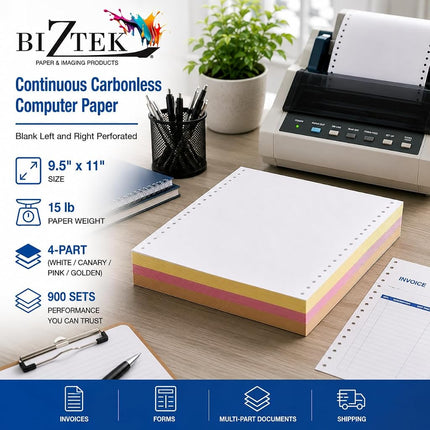 Biztek - 9 1/2" x 11" Blank Computer Continuous Paper, Clean Edge, 1 Part 20 lb. 92 Glossy Cardboard | 2,400 Sheets